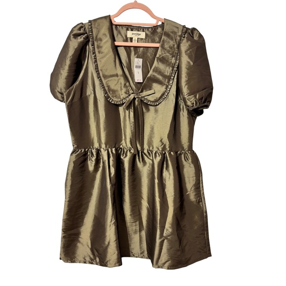 Porridge Dresses & Skirts - Porridge Anthropologie Taffeta Mini Dress Olive Bronze Puff Sleeve Peter Pan M